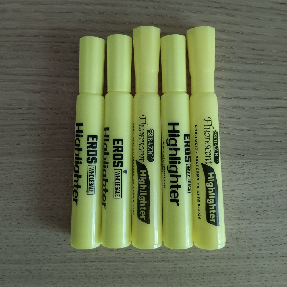 5x Fluorescent Yellow Highlighter Pens Markers School